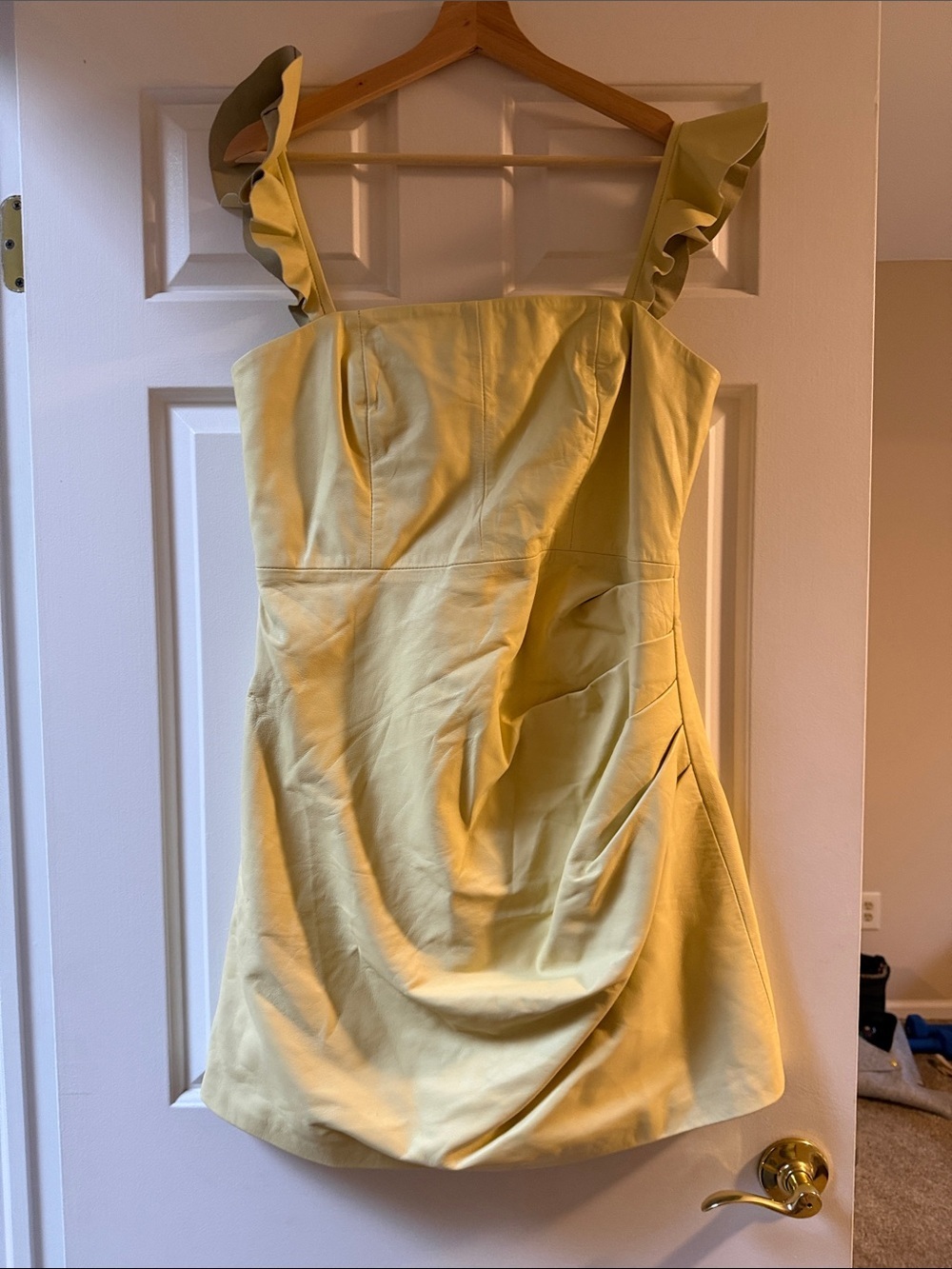 Karen Millen Yellow Leather Ruffle-Strap Mini Dress
